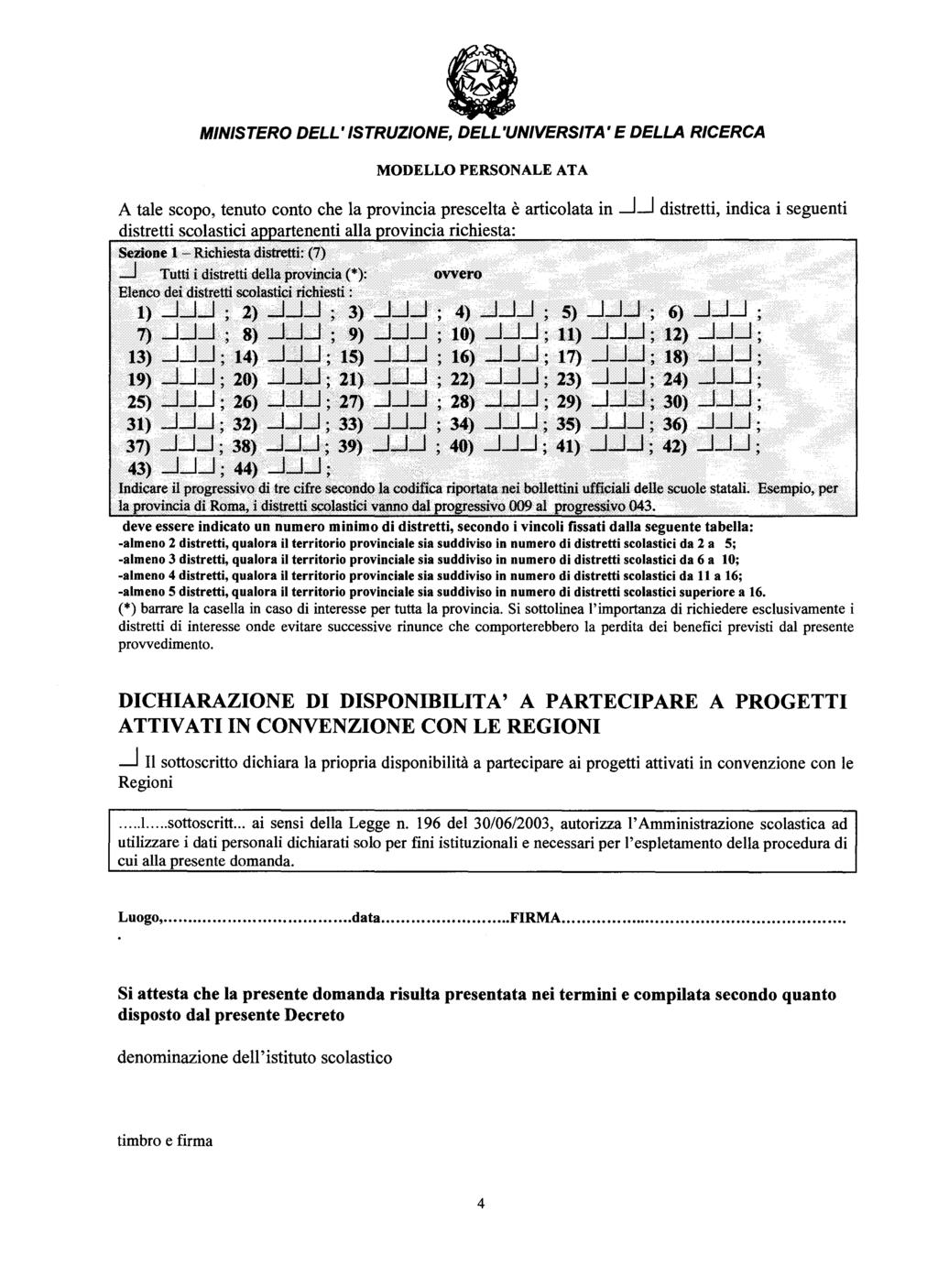 MINISTERO DELL 'ISTRUZIONE, DELL 'UNIVERSITA' E DELLA RICERCA MODELLO PERSONALE ATA A tale scopo, tenuto conto che la provincia prescelta è articolata in LJ distretti, indica i seguenti distretti