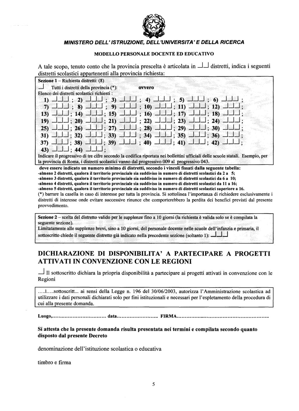 MINISTERO DELL' ISTRUZIONE, DELL 'UNIVERSITA' E DELLA RICERCA MODELLO PERSONALE DOCENTE ED EDUCATIVO A tale scopo, tenuto conto che la provincia prescelta è articolata in LJ distretti, indica i