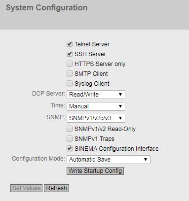 5.4 Il menu "System" Descrizione delle caselle visualizzate La pagina contiene le seguenti caselle: Server Telnet Attivare o disattivare il servizio Telnet server per l'accesso non codificato a CLI.