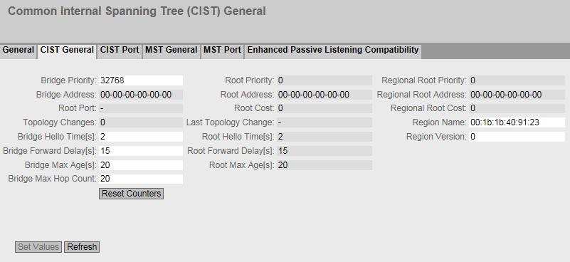 5.5 Il menu "Layer 2" 5.5.10.2 CIST General Configurazione MSTP CIST La pagina è composta dalle seguenti parti. La parte sinistra della pagina visualizza la configurazione del dispositivo.