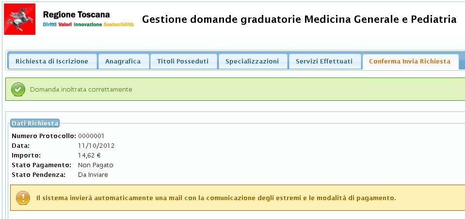 A seguito dell invio, il Back Office effettua la protocollazione della richiesta, secondo le regole previste dal DPR 445/2000 e apre la pendenza di pagamento del bollo sul portale regionale di