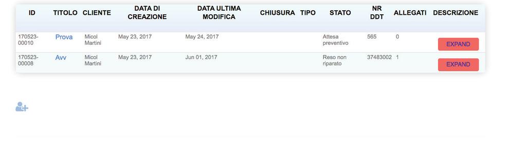 Gestione ticket - la tabella delle riparazioni/ordini Nella seconda parte della schermata gestione ticket, c è la tabella con l elenco completo di tutti i ticket/ ordini.