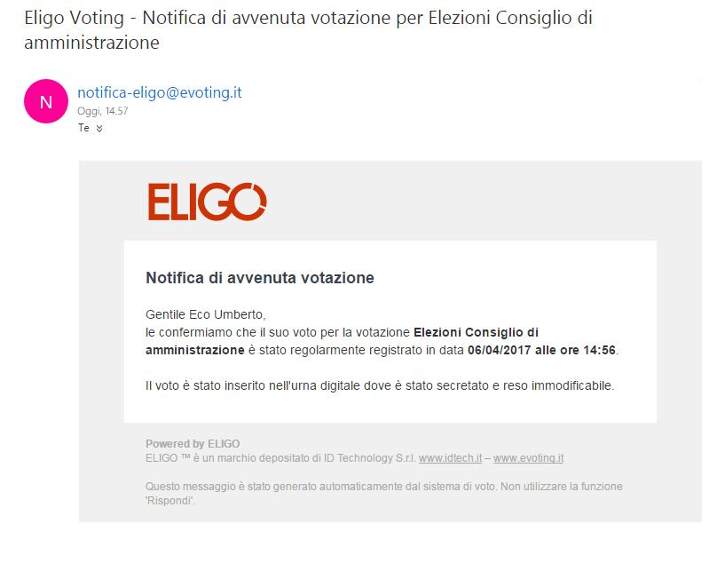 E possibile anche ricevere via email o stampare la conferma di avvenuta votazione selezionando una