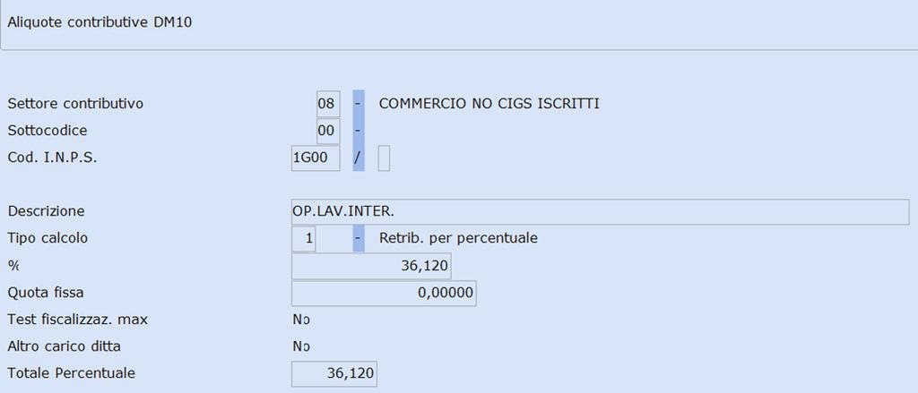 Caricare le aliquote contributive sotto i settori specifici a seconda della tipologia di dipendenti da gestire: Un esempio di caricamento sotto il settore contributivo