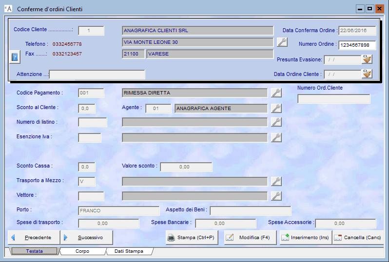 Figura 2 Nome Campo Codice Cliente: Codice Fornitore: Data Conferma d ordine: Numero Ordine: Presunta Evasione: Tipo Campo alfanumerico di 6 data alfanumerico di 10 data Descrizione Campo Inserire il