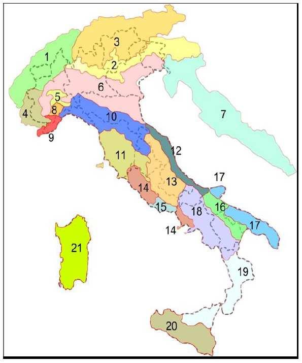 Fig.1. Suddivisione del territorio italiano in idroecoregioni Secondo quanto previsto dal D.