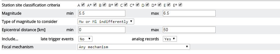 REXELite: Record Selection PRELIMINARY RECORD SEARCH Parametri di ricerca: Categoria di sottosuolo (A, B, C, D o E): possibilità di selezionare anche siti classificati sulla base della sola geologia