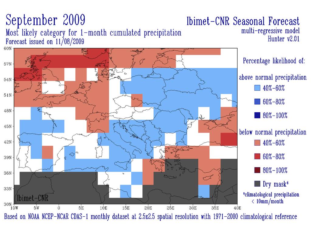 PREVISIONI A LUNGO TERMINE SETTEMBRE 2009 Settembre 2009 dovrebbe trascorrere con precipitazioni superiori alle medie, mentre le temperature dovrebbero attestarsi su valori