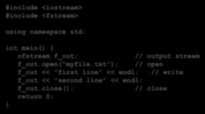 close(); // close return 0; myfile (oggetto ofstream) è il nome logico del file nome che lo identifica all interno del programma open (apertura del file e collegamento fra il nome logico e