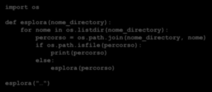 modulo os (esempi) o il modulo os fornisce funzioni per interagire con il Sistema Operativo import os mydirectory = os.getcwd() print('directory di lavoro',mydirectory) https://docs.python.