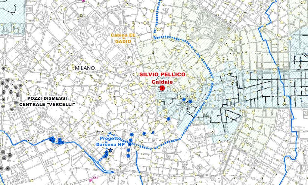 UN PROGETTO IN REALIZZAZIONE RECUPERO DI ENERGIA DAL CICLO IDRICO A MILANO Pozzi di falda già esistenti: 96 pozzi di cui 14 pozzi entro i 500 m dal percorso dei Navigli.