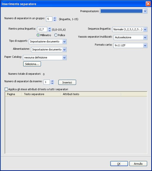 COMMAND WORKSTATION 24 Inserimento separatore La funzione Inserimento separatore consente di inserire automaticamente i separatori in un lavoro.