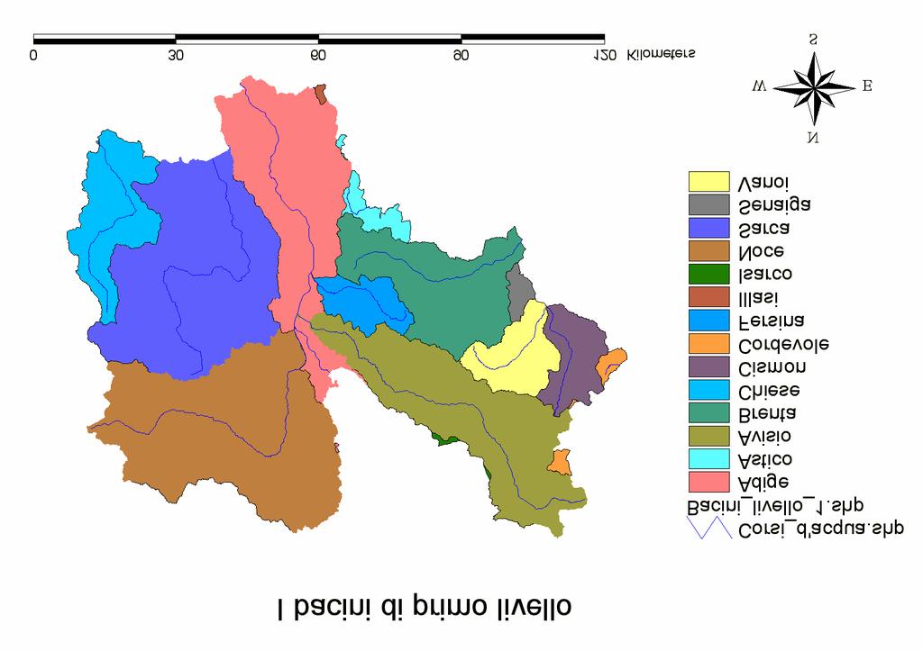 Figura I.6.2: Bacini principali o di primo livello. Per meglio inquadrare i bacini di primo livello è necessario esaminare anche gli aspetti relativi alla loro intersezione con il confine provinciale.