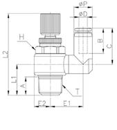 143 RACCORDI A FUNZIONE / VALVOLA DI SCARICO RAPIDO / CDC PNEUMATICS NSSP-R Regolatore di flusso a banjo con uscita girevole, filetto conico BSPT CODE ØD ØP T L1 L2- L2+ E1 E2 A B H C GR.