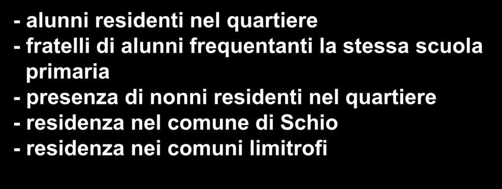 CRITERI ACCOGLIMENTO ISCRIZIONI IN CASO DI SOPRANNUMERO - alunni residenti nel quartiere - fratelli di alunni frequentanti la