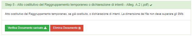 28 Step 8 Caricamento dell'atto costitutivo del Raggruppamento Una volta caricato il documento, lo Step 8, si colorerà di verde.