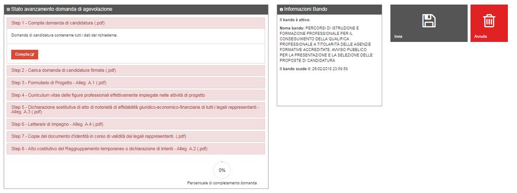 In basso è presente la Percentuale di completamento della domanda, che indica al Candidato lo stato di avanzamento della compilazione della domanda di partecipazione.
