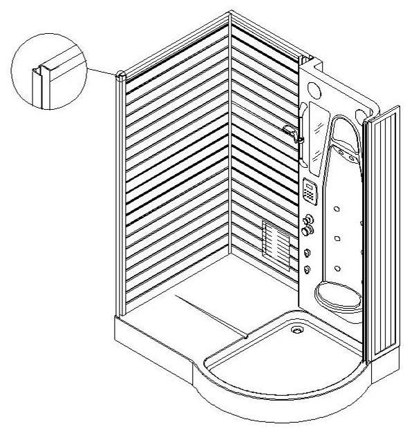 3. 301 Istruzioni per l installazione Fasi di installazione Inserire il pannello posteriore sauna nell apposita scanalatura della giuntura in alluminio, allineare i fori, fissare con viti