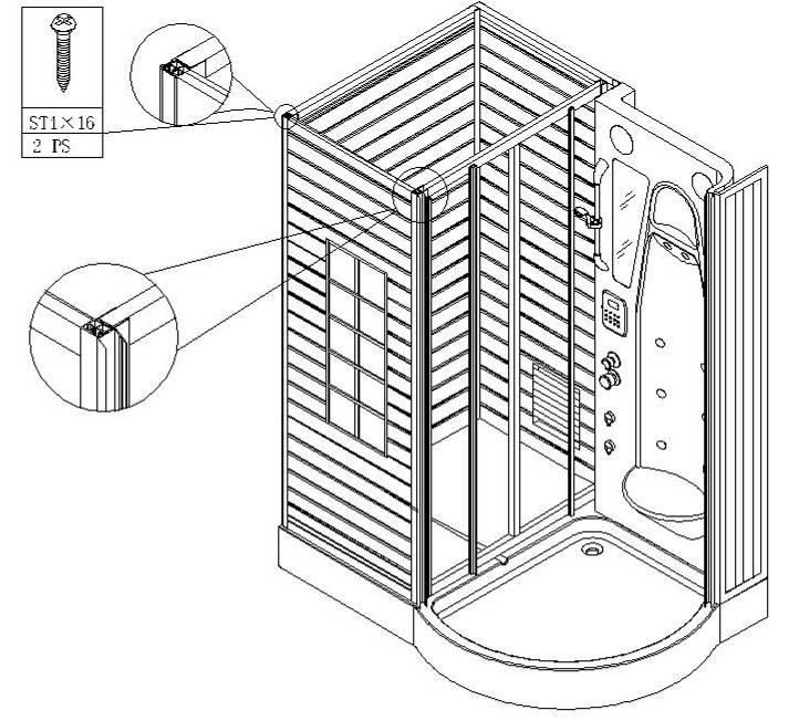 7. 301 Istruzioni per l installazione Fasi di installazione Inserire il lato sinistro del pannello con finestra sauna nell apposita