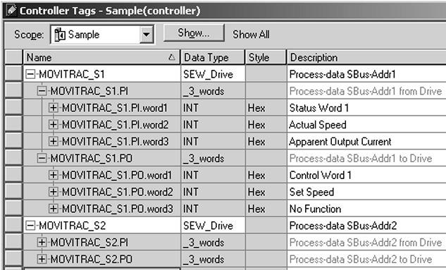 5 Progettazione e messa in servizio Esempi di progettazione in RSLogix5000 La descrizione per i dati d ingresso e d uscita di processo del tag controller può essere effettuata in modo adatto