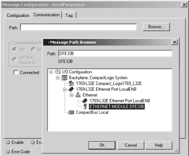 Progettazione e messa in servizio Esempi di progettazione in RSLogix5000 5 5. Sulla scheda di registro "Communication" è necessario immettere l unità di destinazione. Cliccare il pulsante <Browse>.