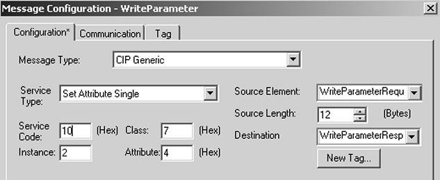 Per il Message Control selezionare il tag "WriteParameter". 11772AXX Se si clicca su nel comando MSG viene aperta la finestra "Message Configuration" (vedi figura seguente).