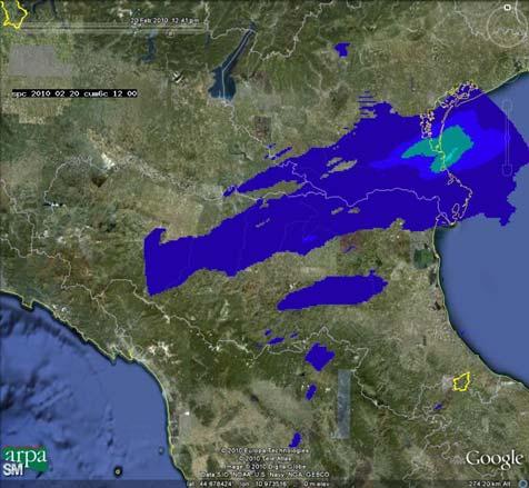 Mappe di cuulata precipitazione esaoraria del 20/02/2010 alle 12:00 (a sinistra) e alle 18:00 UTC (a destra).