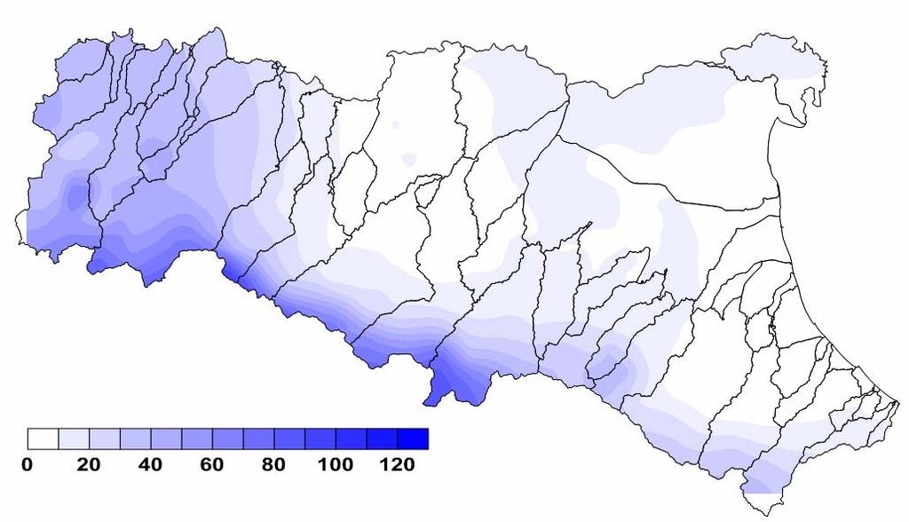 Figura 1: Pioggia cuulata del 19 e 20 febbraio 2010 sui bacini dell Eilia Roagna Sebbene i valori di pioggia cuulata nelle stazioni di crinale non abbiano ediaente superato i 100 /24 ore, e le