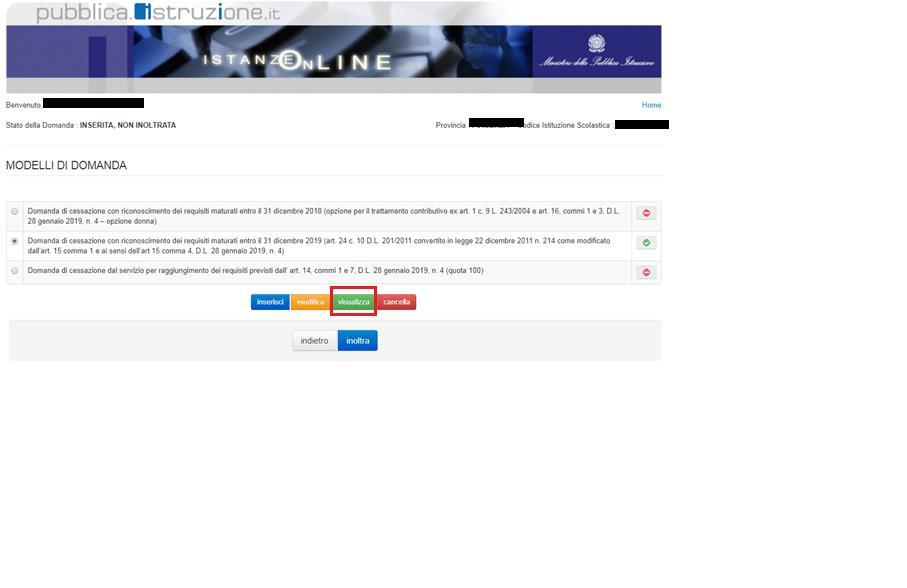 4.14 VISUALIZZAZIONE DELLA DOMANDA DI CESSAZIONE CON RICONOSCIMENTO DEI REQUISITI MATURATI ENTRO IL 31 DICEMBRE 2019 (ART.24 C.10 D.L. 201/2011 CONVERTITO IN LEGGE 22 DICEMBRE 2011 N.