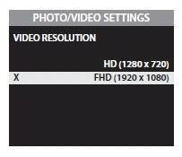 Con i pulsanti su/giù scegliere una delle due qualità video: 1. Hd (1.280x720) 2. Full Hd (1.920x1.