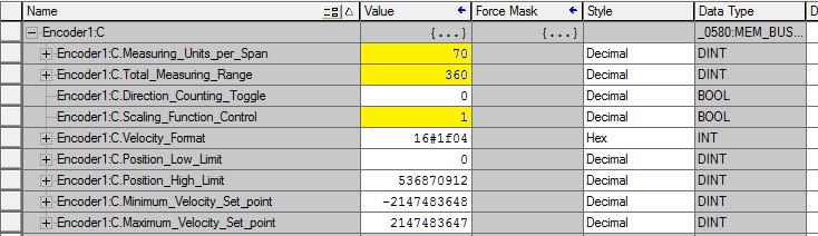 Esempio 2: Misura posizione angolare su tavola rotante con rapporto meccanico 72 / 14 = 5.142857143. Si vuole controllare la posizione angolare su una tavola rotante tra 0 e 360 gradi.