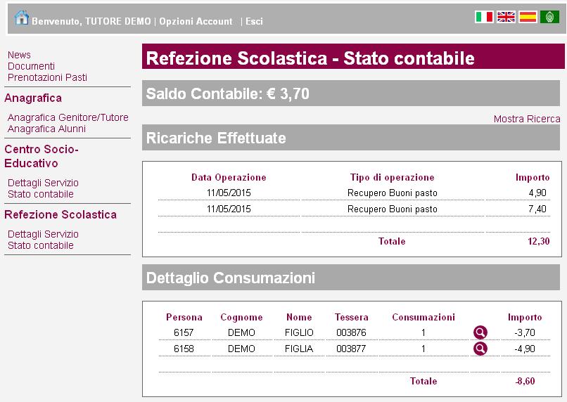 visualizzate figlio per figlio e selezionando l'icona della lente d'ingrandimento, si aprirà una schermata che riporta il dettaglio dei pasti giornalmente consumati.