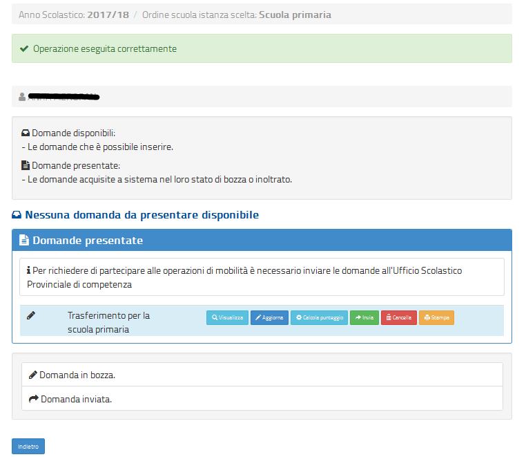 Una volta salvata, la domanda può essere visualizzata, aggiornata, inviata e cancellata. Inoltre con la selezione del pulsante parteciperà alle operazioni di mobilità.