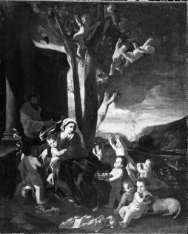 Nicola Poussin (copia da), Riposo nella fuga in Egitto, olio su tela, cm 76x62 cm, Q294 Rubens, Van Dyck, Ribera.