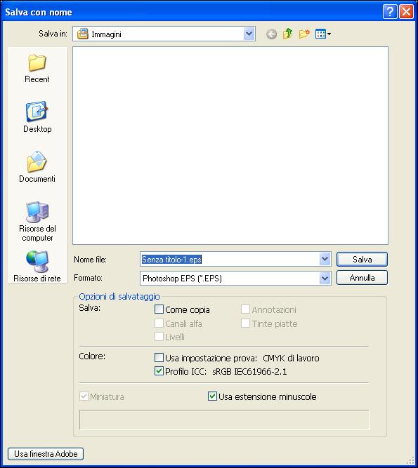 GESTIONE DEL COLORE IN ADOBE PHOTOSHOP 32 PER SALVARE UN DOCUMENTO DA PHOTOSHOP 1 Selezionare Salva con nome dal menu File. Viene visualizzata la finestra di dialogo Salva con nome.