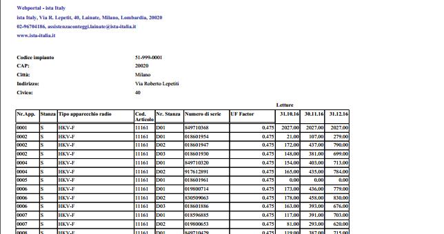 Lista impianti istruzioni dettagliate per scarico letture 3/3 Il report di lettura in formato PDF appare come l esempio qui a sinistra.