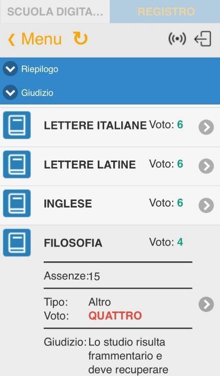 Il programma per prima cosa mostrerà il riepilogo della pagella, ossia la media dei voti, il totale delle assenze della frazione temporale di riferimento, l esito se si tratta di frazione temporale