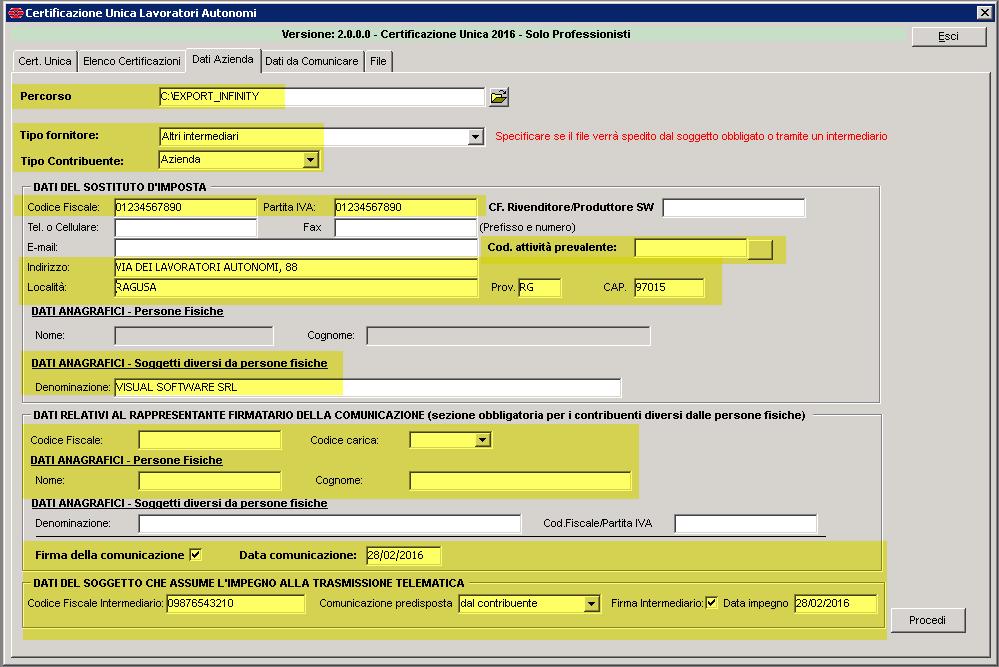 Compilata questa videata premere Procedi per salvare e passare alla scheda Dati da Comunicare.