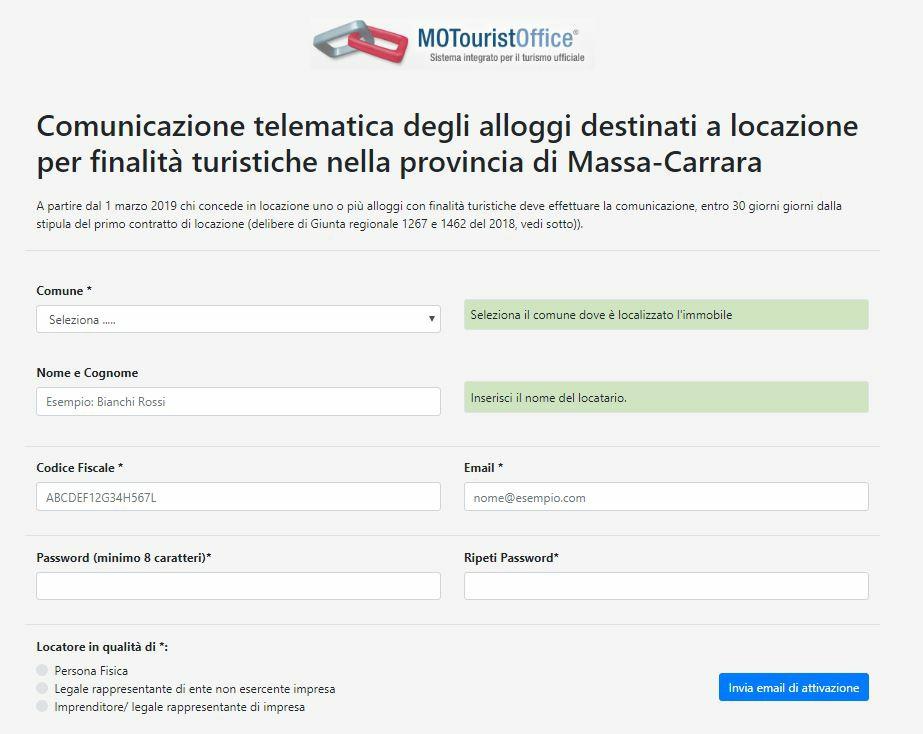 L immagine è esemplificativa del portale (esempio sulla Provincia di Massa- Carrara) Si proceda con la compilazione dei dati sulla pagina visualizzata: cliccando