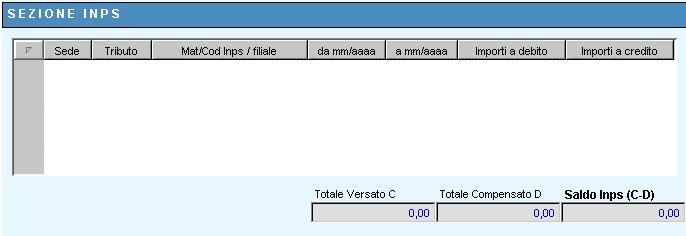 Pannello Inps (immagine 33) Immagine 33 I campi presenti in griglia sono: Sede indica il codice della sede inps indicato sulla Delega, costituito da 4 cifre Tributo indica la causale Inps indicata