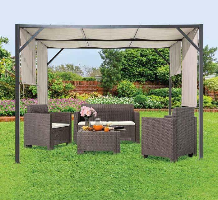 COMFORT ALL APERTO SET NEW STAR in resina effetto rattan, composto da: 2 poltrone, 1 divano, 1 tavolino, cuscini inclusi, colore tortora 179, 00 GAZEBO CUBO struttura in ferro, palo 60 x 60 mm,