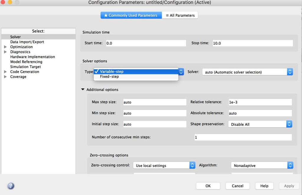 Simulink / 11 Scelta del tipo di solver Variable-step sistemi a tempo continuo