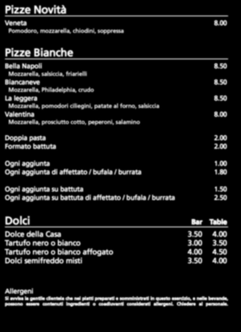 Pizze Novità Veneta 8.00 Pomodoro, mozzarella, chiodini, soppressa Pizze Bianche Bella Napoli 8.