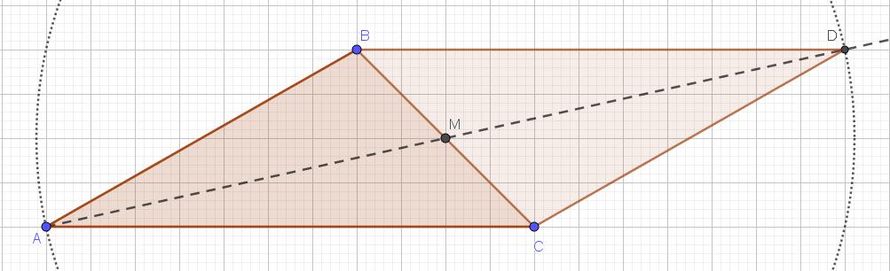 4e Prolungare la mediana AM di un triangolo ABC di un segmento MD congruente a AM. Dimostrare che il quadrilatero ABDC è un parallelogramma. Ipotesi: ABC triangolo; AM mediana; AM MD ; M AD.