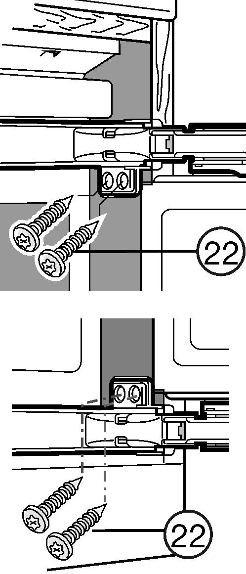 Montaggio u Avvitare con viti lunghe per truciolare Fig. 19 (22) inserite nelle cerniere, in alto e in basso. Lato maniglia in alto: u Allentare le viti Fig. 20 (19).