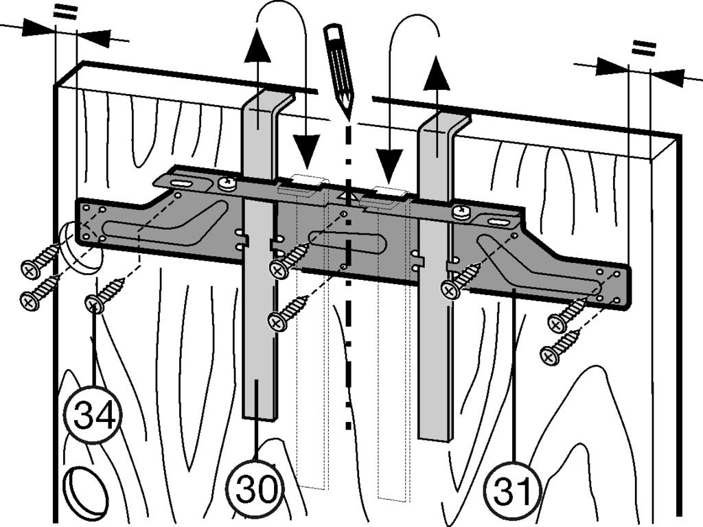 23 (31): disegnare sull'anta del Fig. 23 mobile una lineetta al centro dell'anta e farvi coincidere la punta della freccia della traversa.