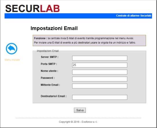 7.15 Email Cliccate sull icona Email per entrare nel relativo menu. Impostazione dei parametri per l invio delle email.