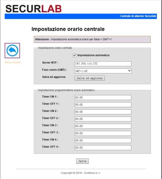 7.16 Orario Cliccate sull icona Orario per entrare nel relativo menu. IMPOSTAZIONE ORARIO CENTRALE Impostazione del fuso orario e del servizio automatico di aggiornamento data/ora ( NTP ).