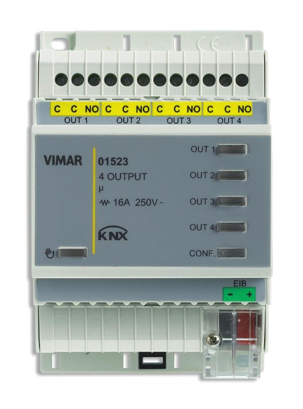 Caratteristiche generali e funzionalità NO 16 A 250 V~, standard KNX, installazione su guida DIN (60715 TH35), occupa 4 moduli da 17,5 mm.
