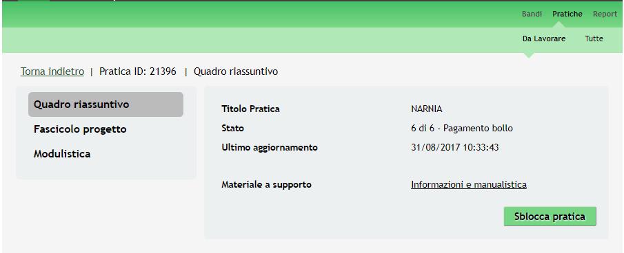 Dal Quadro riassuntivo di una domanda in lavorazione è possibile procedere con lo sblocco della pratica cliccando su.